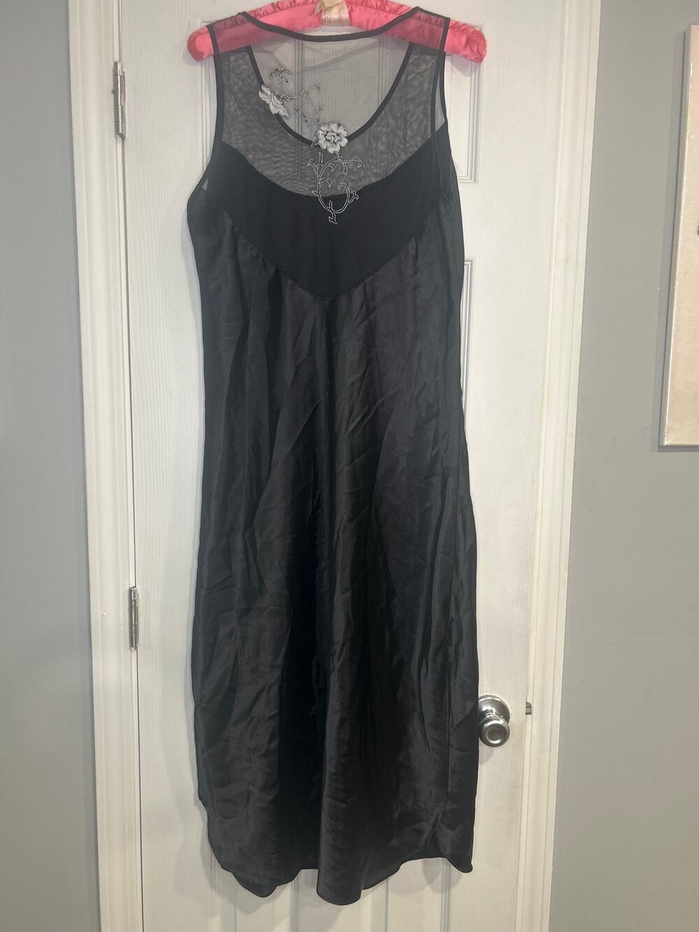 Vintage Inner Most Black Nightgown Slip Dress Satin Mesh Floral Large GUC